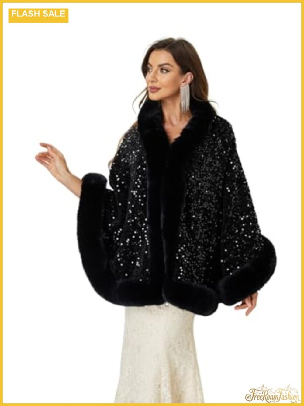 Faux Fur Sequins Wrap Shawl Cape Stole for Prom Evening Party